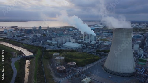 Wallpaper Mural Drone shot. Filmed at sunset. Oil refinery station, cooling tower, smoke, steam, East Yorkshire. England Torontodigital.ca