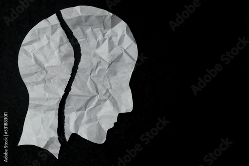 Torn paper in the shape of a person's head. mental health issues, Anxiety, depression, broken mood and mindfulness awareness concept.