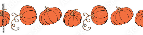 Vector edging, ribbon, border from outline orange pumpkins in doodle flat style. Autumn seamless pattern, ornament, decorative element, decoration for seasonal design, Thanksgiving