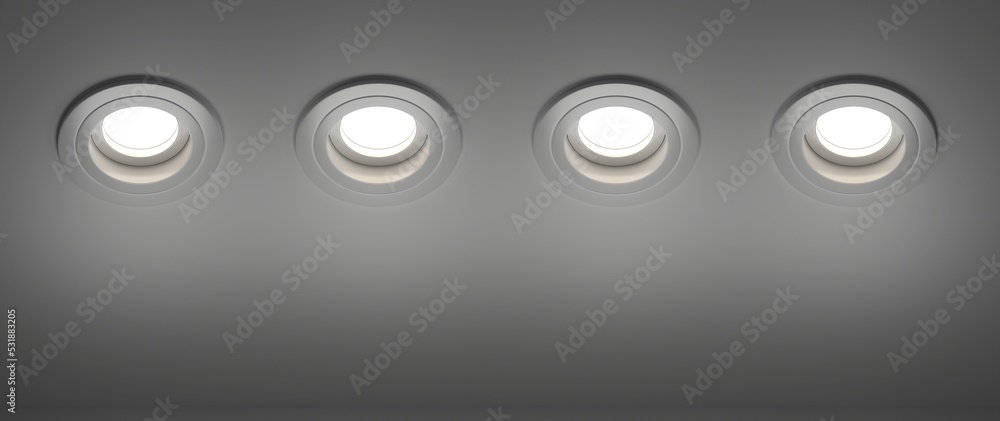 Spotlights recessed ceiling 3D render set. Realistic mockup of round glowing spot lights at night. Artificial lighting, modern LED lamps for home or office isolated on dark background Spotlights recessed ceiling 3D render set. Realistic mockup of round glowing spot lights at night. Artificial lighting, modern LED lamps for home or office isolated on dark background