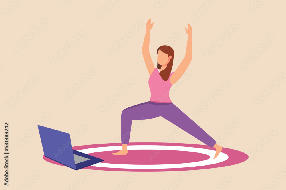 Young girl doing yoga while following a yoga tutorial video on a carpet. Virtually concept. Flat vector illustration. 