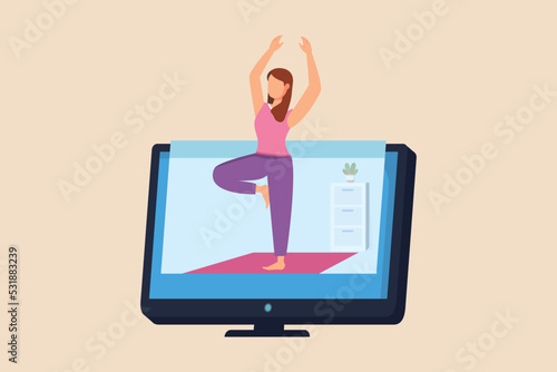 Happy young girl doing a yoga tutorial in the video. Virtually concept. Flat vector illustration. 