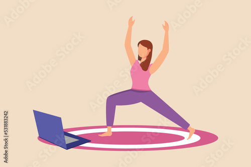 Young girl doing yoga while following a yoga tutorial video on a carpet. Virtually concept. Flat vector illustration. 