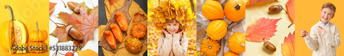 Autumn collage with little children in warm clothes, with pumpkins and floral decor