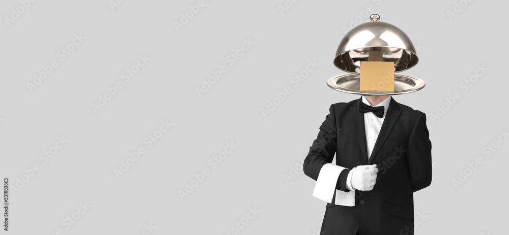 Waiter with tray instead of his head on grey background. Banner for design Waiter with tray instead of his head on grey background. Banner for design