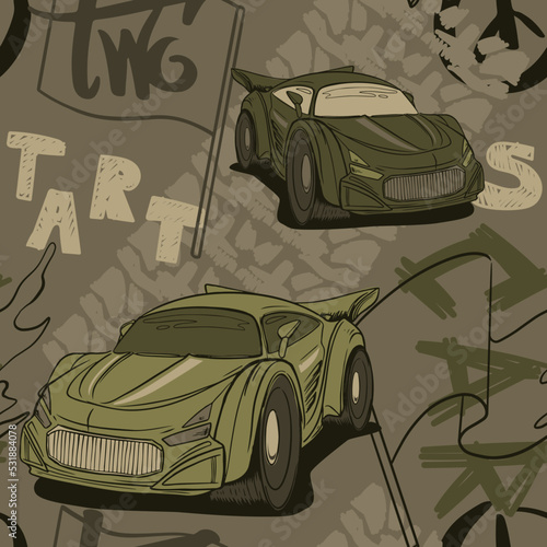 Abstract seamless cars pattern for boy on background. Childish style wheel auto repeated backdrop