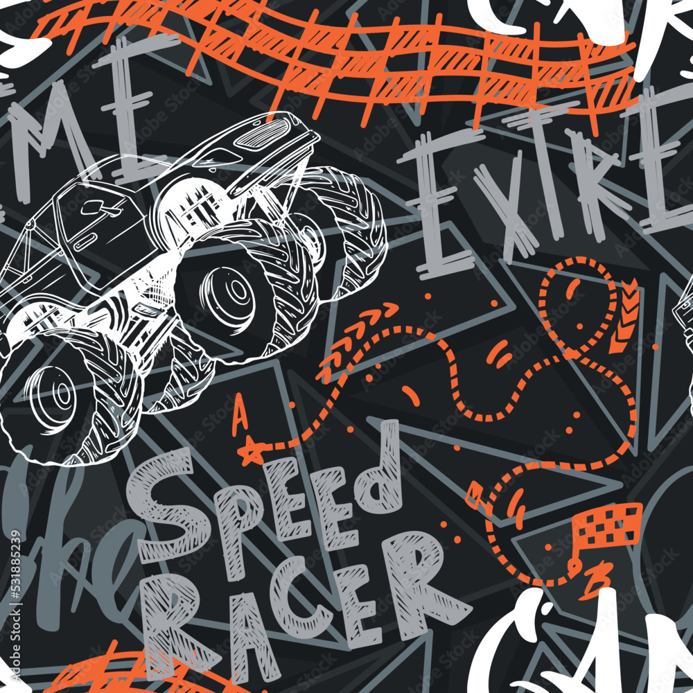 Fototapeta premium Abstract seamless cars pattern for boy on background. Childish style wheel auto repeated backdrop