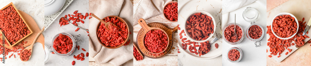Collage with dried goji berries on light background, top view Collage with dried goji berries on light background, top view