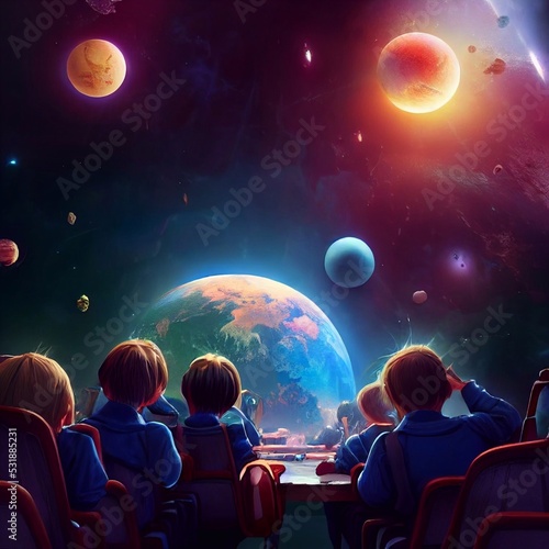 schoolchildren visiting planetarium 3d illustration photo