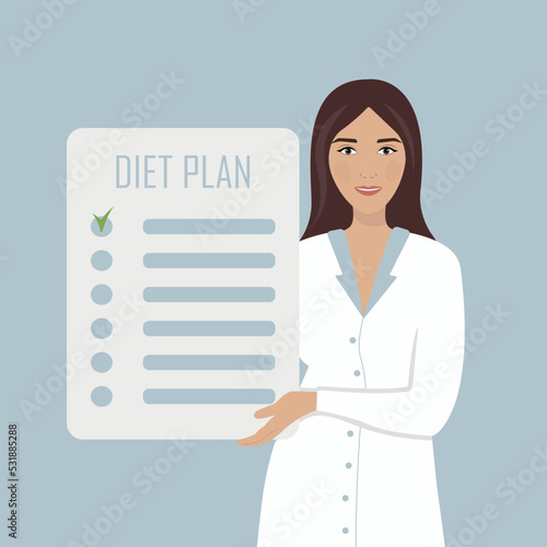 Nutritionist concept. Vector cartoon young doctor. Nutrition therapy with healthy food. Weight loss program and diet plan.