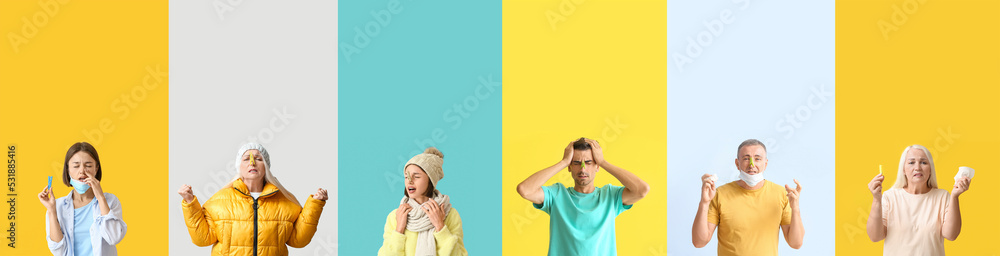 Set of people with clothespins on their noses against color background