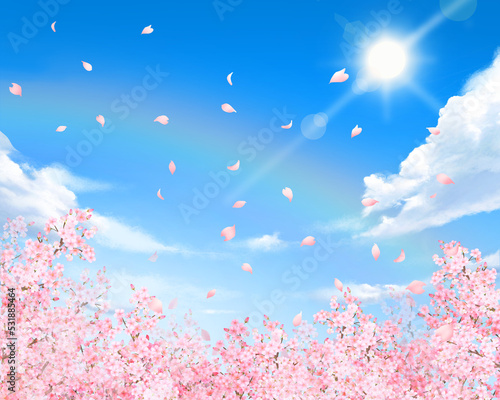 美しく華やかな桜の花と花びら舞い散る光差し込む青空ー虹ー富士山の映えるフレーム背景素材イラスト © Merci