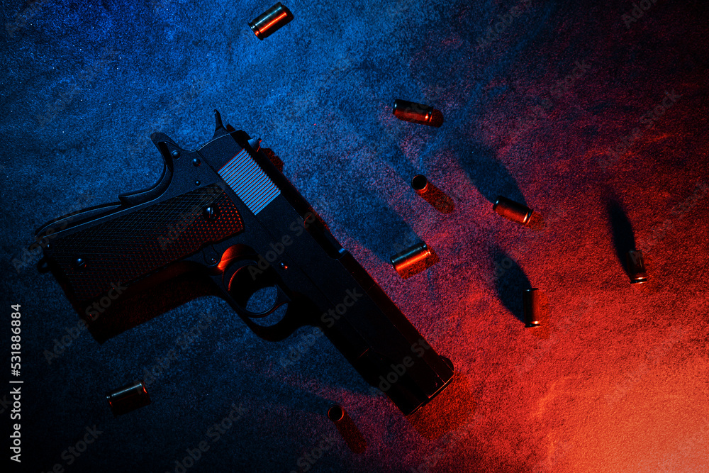 Crime scene of a hanggun with empty shell casings. Stock Photo | Adobe ...