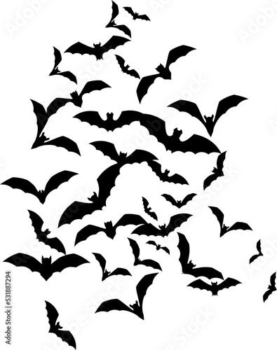Bat swarm. Flying bat silhouette. Halloween Decoration element.