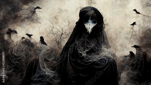 Fotografie A dark ghostly figure moving through a misty forest in the evening