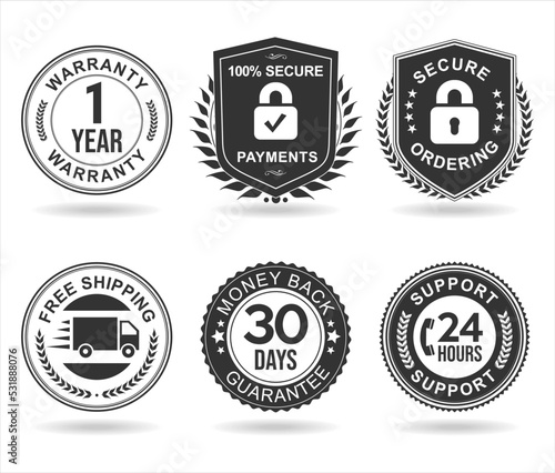 Shopping badge of free shipping warranty money back and satisfaction  