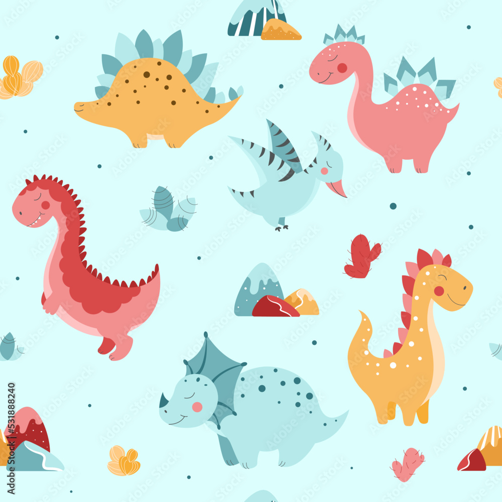 Seamless pattern with cute dinosaurs, cute dinosaurs in flat style, vector pattern with dinosaurs