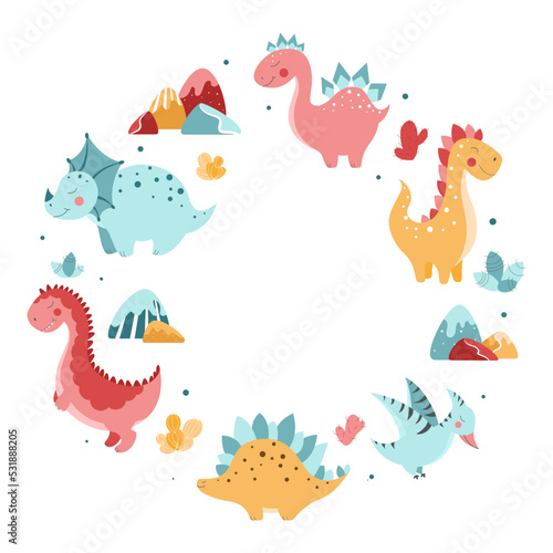 Background with cute dinosaurs, cute dinosaurs in flat style, vector pattern with dinosaurs, cacti, cute mountains