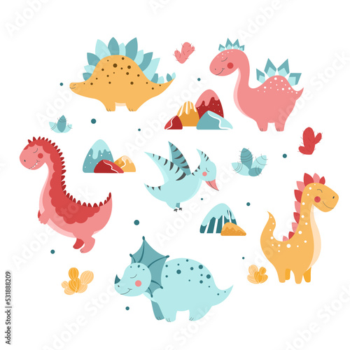 Set of cute dinosaurs, cute vector dinosaur illustrations, set of cartoon dinosaurs on white background, set of cartoon cacti, cute mountains