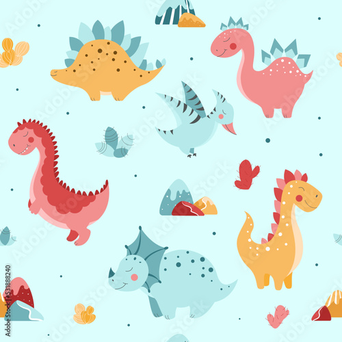Seamless pattern with cute dinosaurs  cute dinosaurs in flat style  vector pattern with dinosaurs