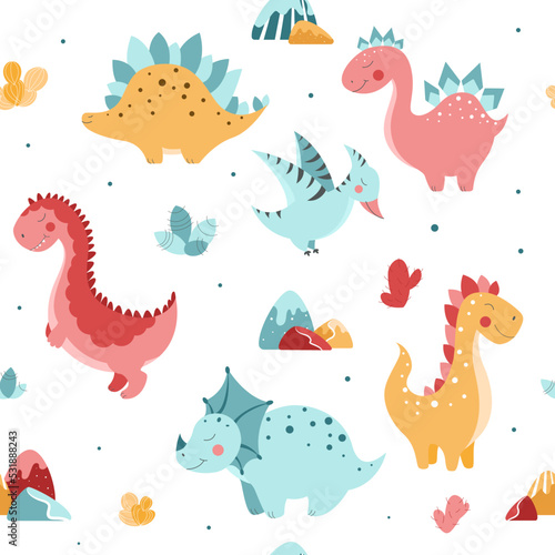 Seamless pattern with cute dinosaurs, cute dinosaurs in flat style, vector pattern with dinosaurs © skadhi_art