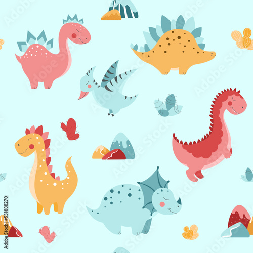 Seamless pattern with cute dinosaurs, cute dinosaurs in flat style, vector pattern with dinosaurs