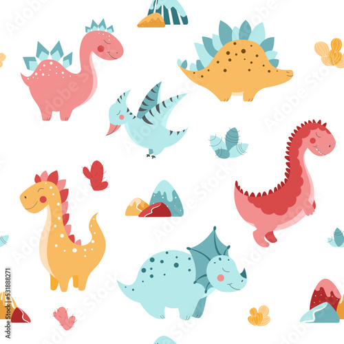 Seamless pattern with cute dinosaurs, cute dinosaurs in flat style, vector pattern with dinosaurs