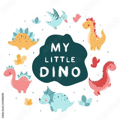 My little dino hand drawn vector calligraphy with dinosaurs set. Cute different dinosaurs  cactuses  decorative elements. Dinosaurs vector illustration
