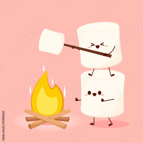 Marshmallow character. Marshmallow piece on skewer roasting on forest bonfire. bonfire vector. Marshmallow cartoon vector.