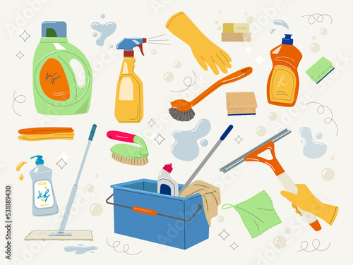 Set of Various Cleaning items. Household equipment and detergents. Spray, mop, rag, soap, bucket and bottles. Design elements for stickers. Cartoon flat vector collection isolated on beige background
