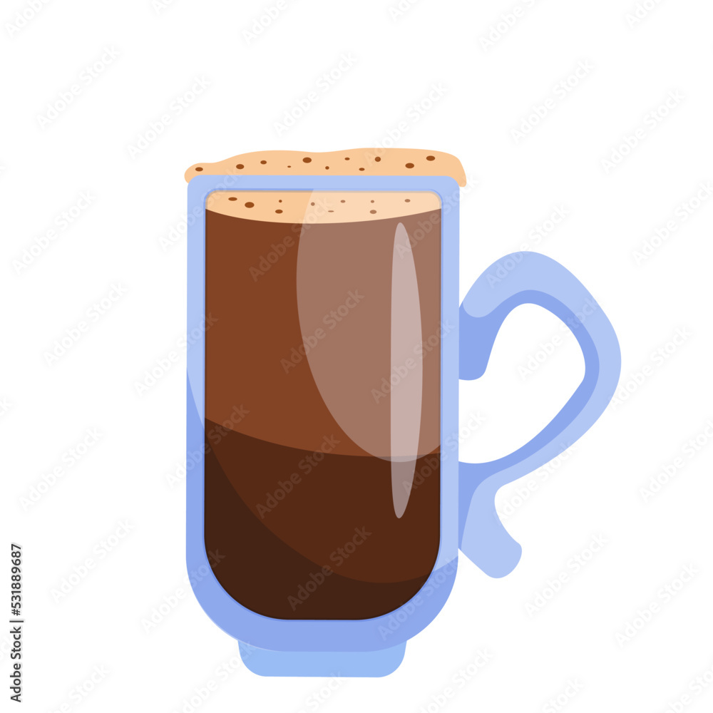 A tall glass cup of coffee with whipped cream. Coffee drink with additives. Vector A tall glass cup of coffee with whipped cream. Coffee drink with additives. Vector
