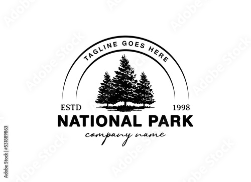 Rustic Retro Vintage Woodland, Evergreen, Pines, Spruce, Cedar trees logo design