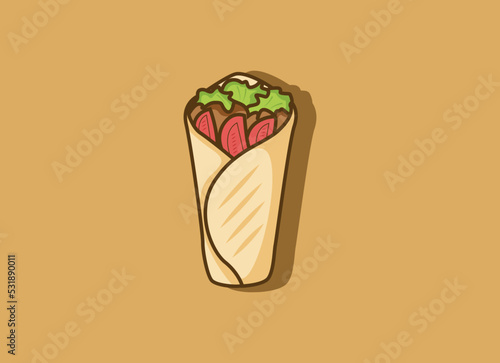 Shish kebab logo design. Meat skewer with vegetable vector design. Grilled meat skewers logotype