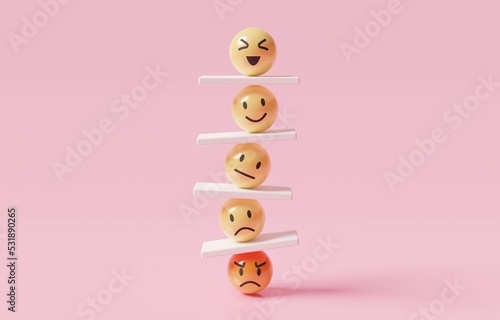 emoji emoticons vertically arranged with seesaws, emotional control for career success and wellbeing concept, 3d render illustration. photo