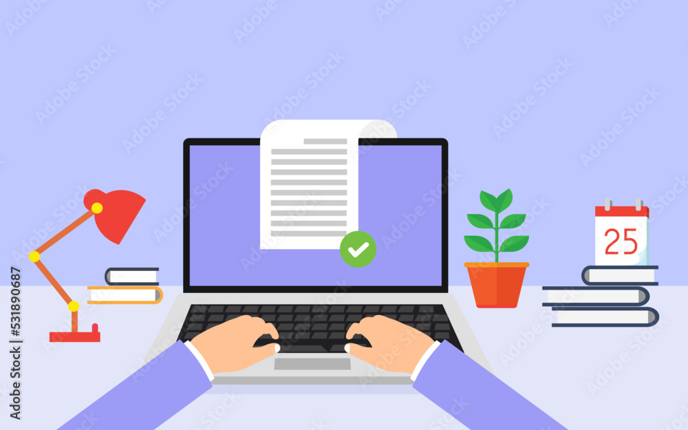 Document file with approved check mark on laptop concept of digital accepted form. vector illustration. Document file with approved check mark on laptop concept of digital accepted form. vector illustration.