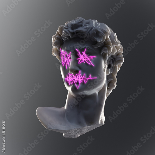 Digital concept illustration from 3D rendering of white broken and marble male classical head bust lit in dramatical with face identity erased with pink neon doodle and isolated on grey background. photo
