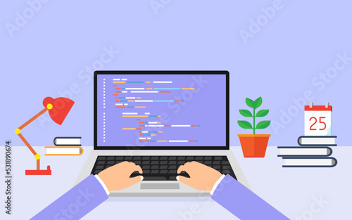Programmer concentrated at project. programming and coding for client. web development concept. vector illustration.
