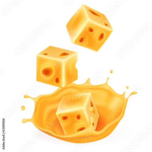 Realistic pieces of cheese fall into the sauce with flying drops. Vector 3d illustration.