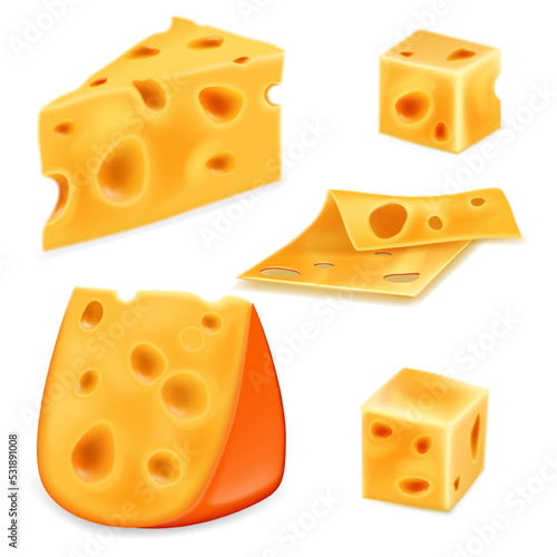 Realistic set of cheese pieces with holes. Vector illustration