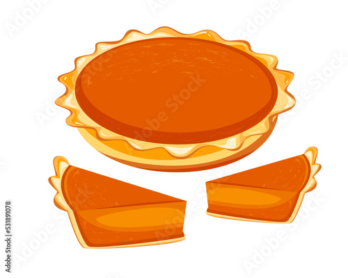 A piece of pumpkin pie and a whole pie.Vector illustration for Thanksgiving.