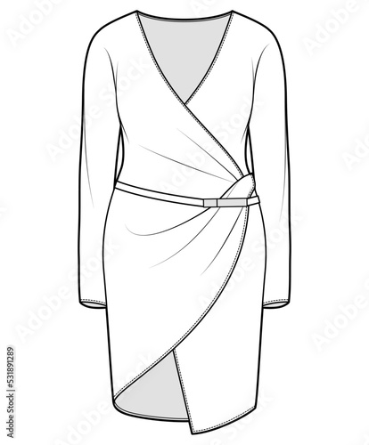 women long sleeve v neck wrap dress with asymmetric hem fashion flat sketch vector illustration. cad mockup.