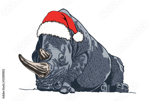 Vector color  illustration of rhino in Santa Claus hat isolated on white background, grey rhinoceros , christmas element
