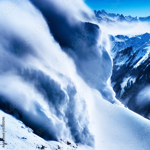 Valokuva Snow avalanche in mountain. Powerful Avalanche