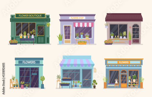 city boutique. flowers mobile kiosks on street souvenirs urban markets. Vector flat buildings illustration