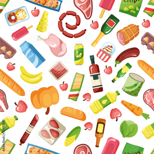 grocery products pattern. food colored cartoon illustrations for grocery markets. Vector seamless illustrations