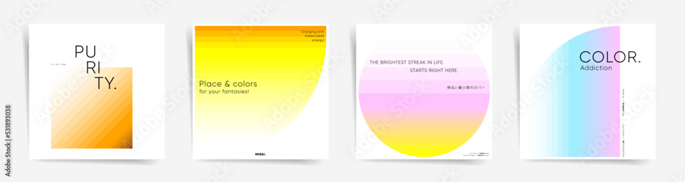 Obraz premium Japanese text - Minimal colorful cover. Minimal colorful square cover set. Trendy mesh design template. Dynamic soft post layout. Mesh gradient colors and white design backgrounds. Vector.
