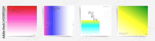 Japanese text - Minimal colorful cover. Trendy colorful square cover set. Trendy mesh design template. Dynamic soft post layout. Mesh gradient colors and white design backgrounds. Vector.