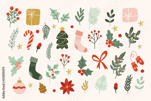 Set of hand draw Christmas and New year elements,winter and holiday vector collection.