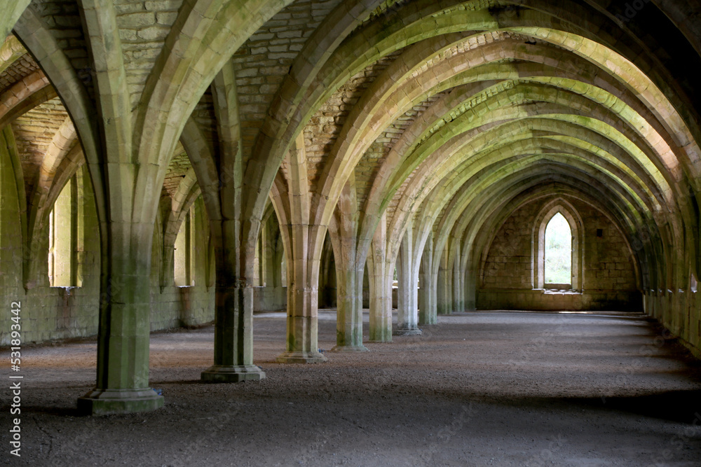 The vaulted cellarium (larder) of Fountains Abbey, in North Yorkshire, England, UK. The vaulted cellarium (larder) of Fountains Abbey, in North Yorkshire, England, UK.