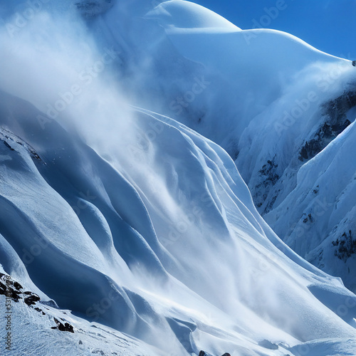 Canvas Print Snow avalanche in mountain. Powerful Avalanche
